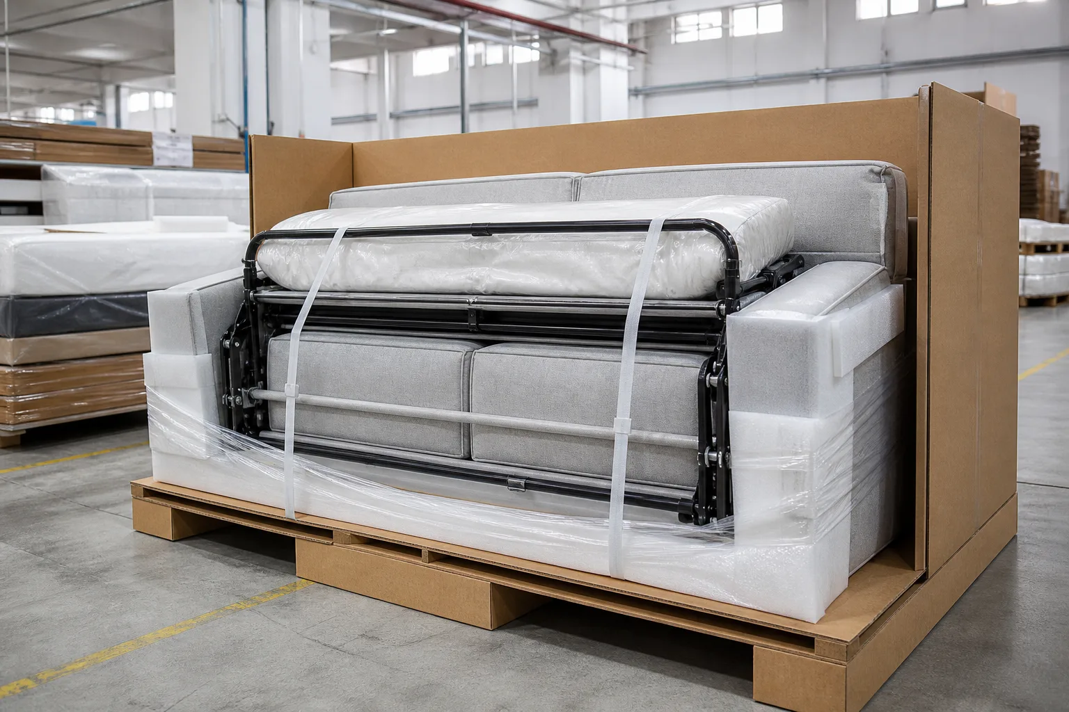 Sofa bed protected and secured for export shipment
