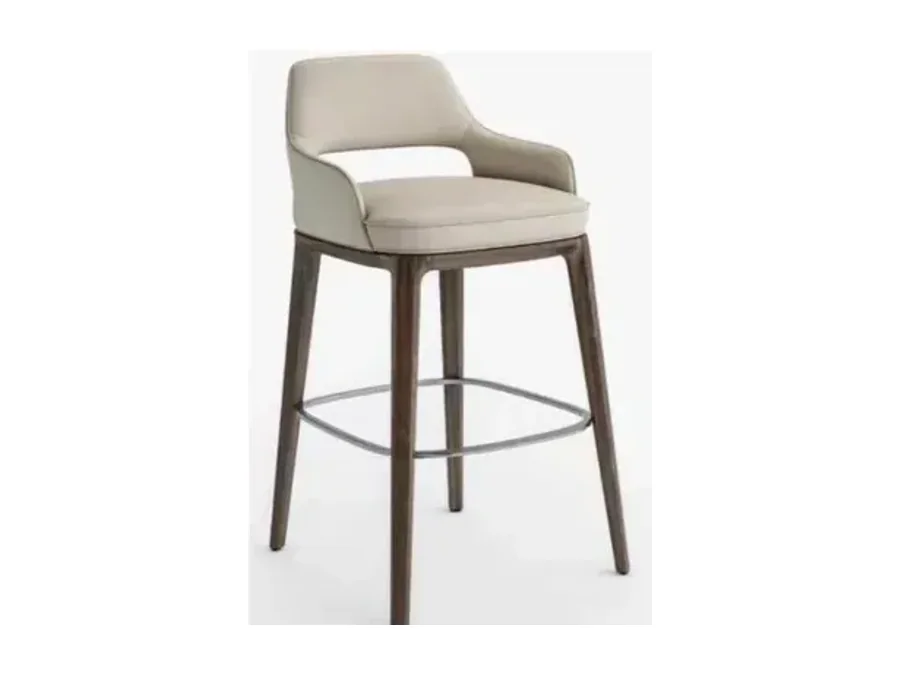 Upholstered wood bar armchair with curved back and integrated footrest