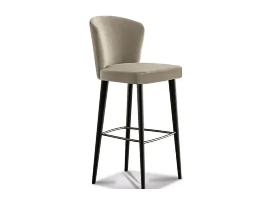 Slim high-back upholstered bar chair with dark metal legs and square footrest