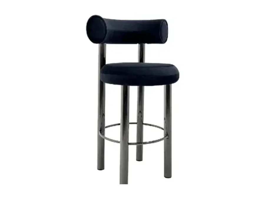 Bar stool with cylindrical upholstered back, round seat and circular metal footrest