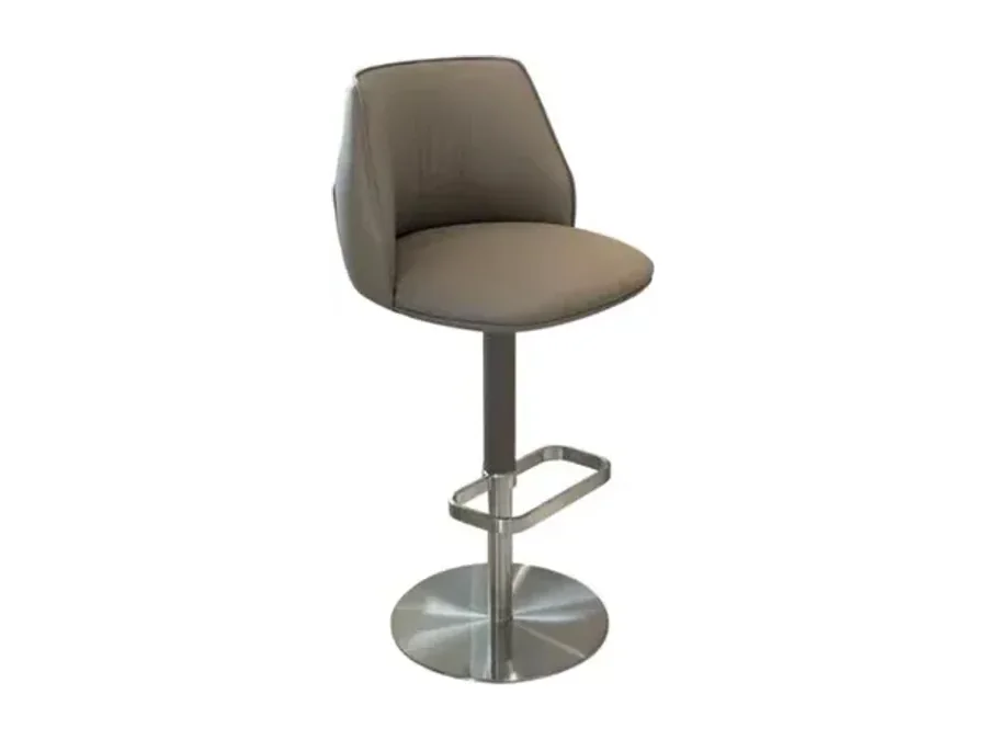 Curved upholstered swivel bar chair with metal pedestal, footrest and height adjustment