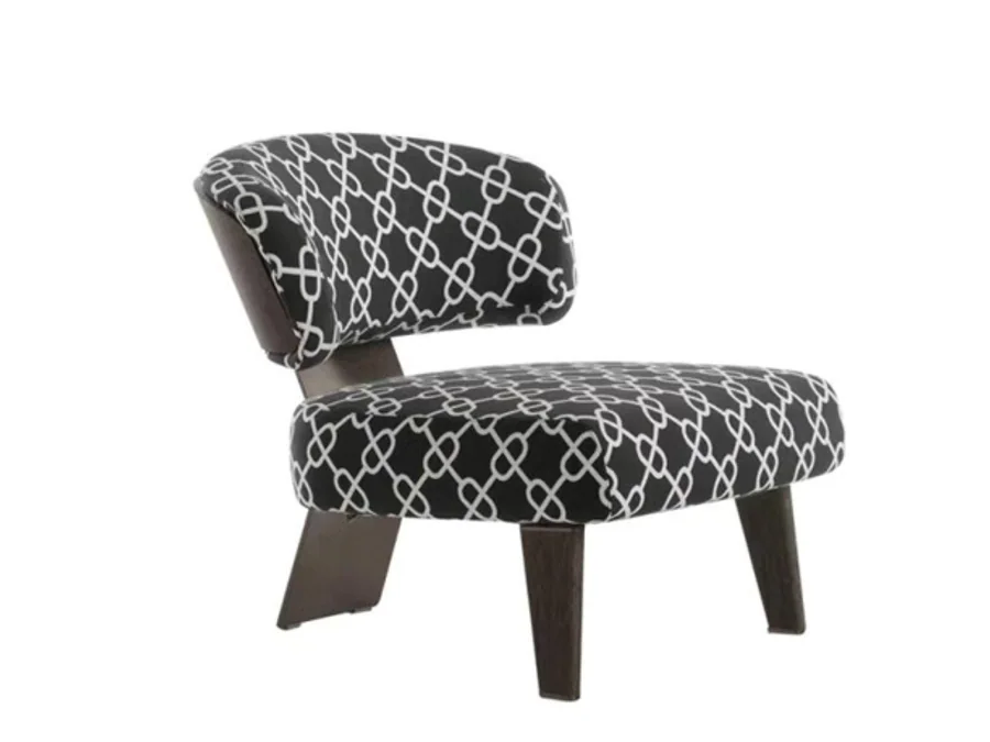 Patterned accent chair with open waist and splayed dark panel supports