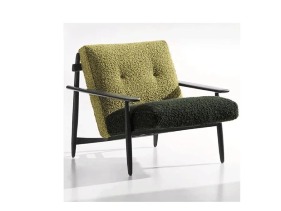 Buttoned green lounge chair with dark open wood arms and contrasting seat cushion