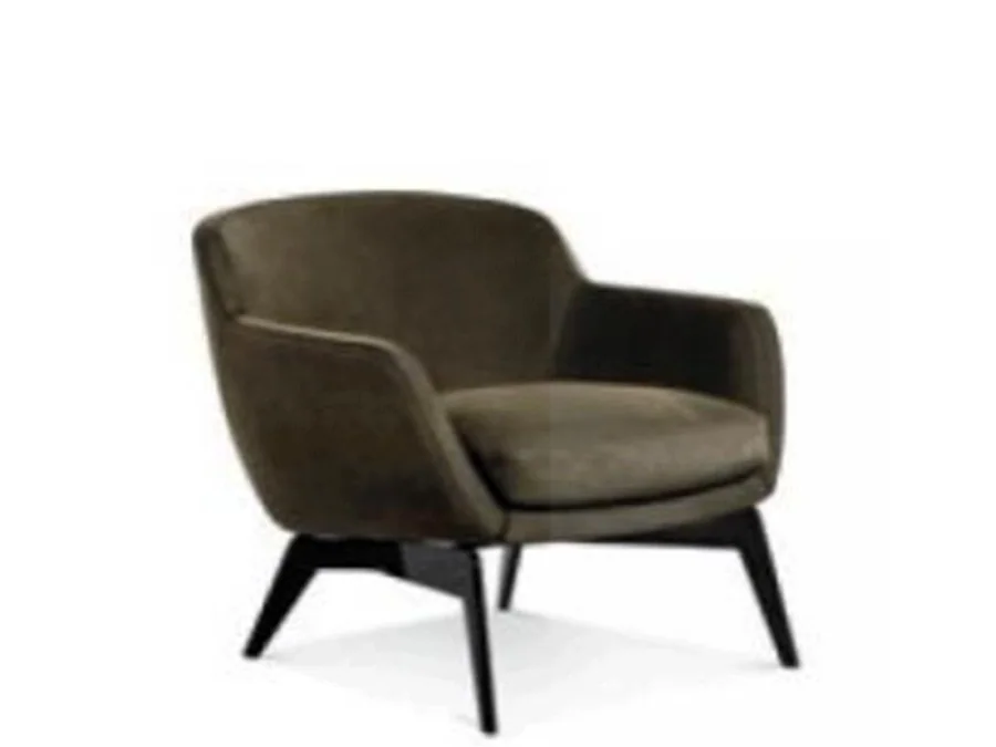 Compact olive lounge chair with raised seat and slim splayed dark metal legs