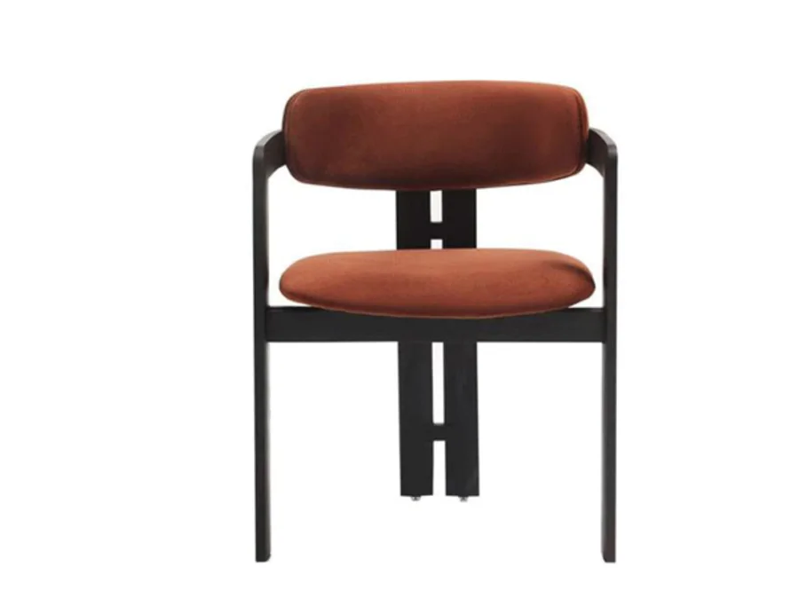 Open-back wood dining chair with separate upholstered back and seat cushions