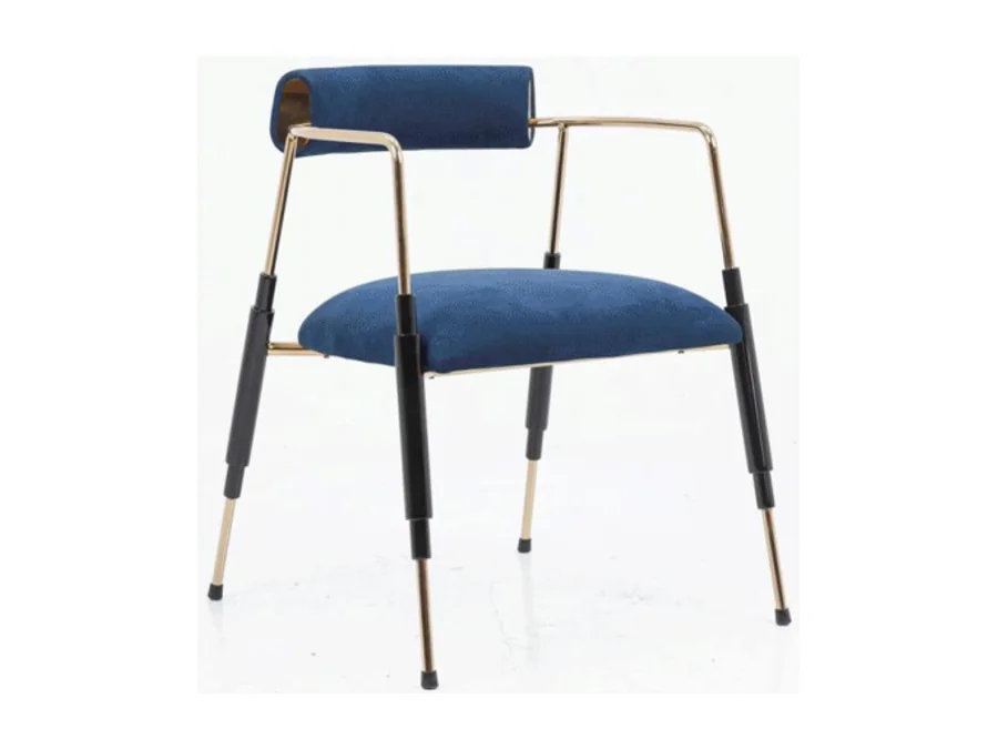 Blue upholstered meeting chair with open metal arms and a floating back pad