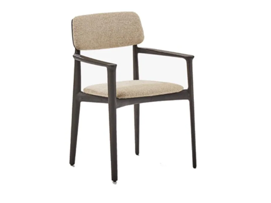 Open wood-arm dining chair with floating upholstered back and round seat pad