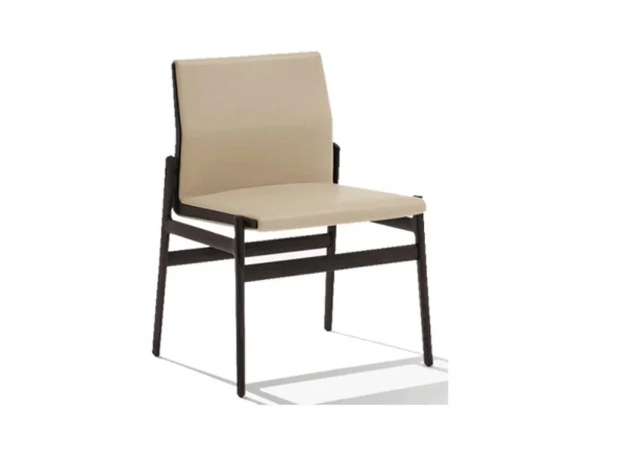 Framed upholstered dining side chair with dark wood structure