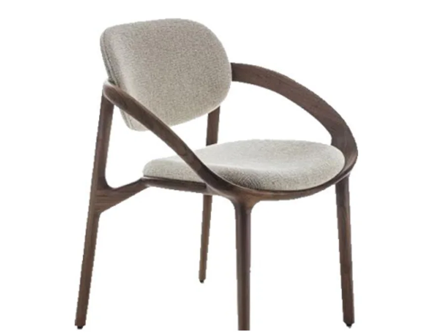 Open wood dining armchair with a draped upholstered back and round seat
