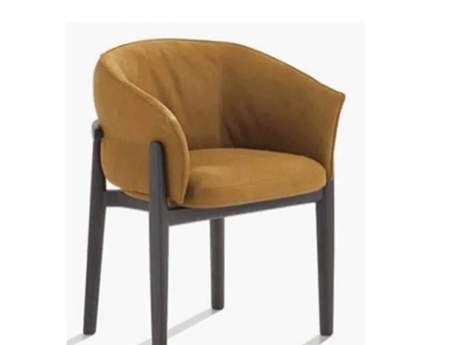 Ochre curved upholstered dining armchair with exposed dark wood posts and legs