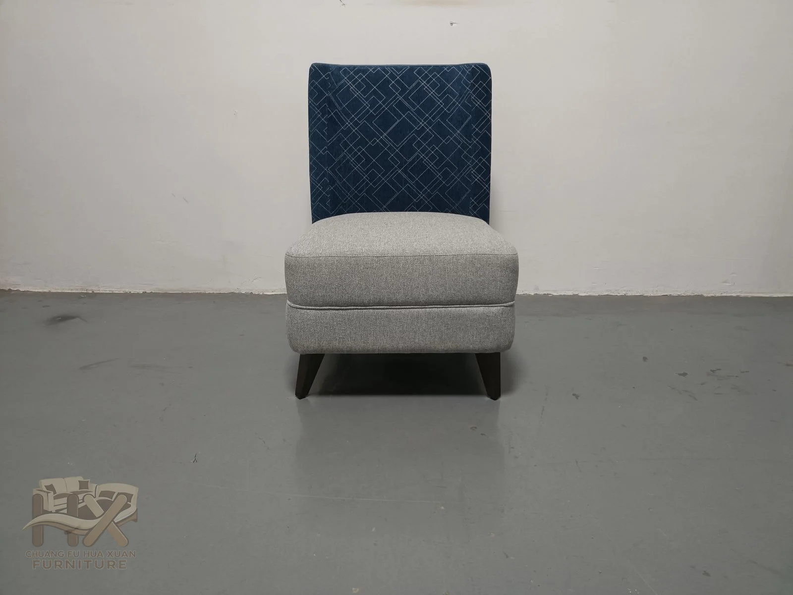 A pale upholstered seat is topped by a tall blue patterned back, shown as a single chair module and a longer banquette.