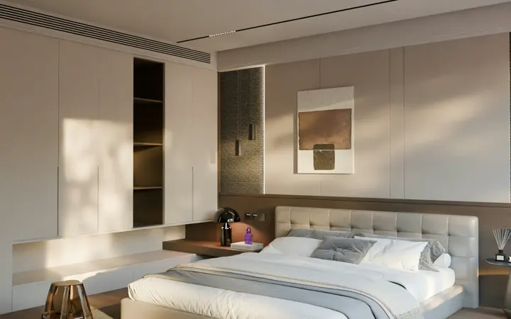 Concept bedroom with an upholstered bed, bedside tables and coordinated soft furnishings