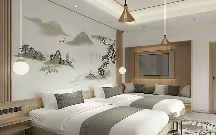 Concept hotel guestroom with twin beds, upholstered headboards and bedside furniture