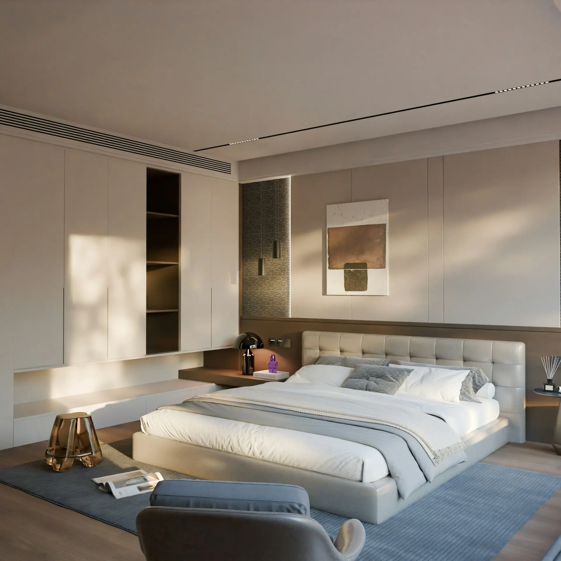 Hotel guestroom furniture with upholstered headboard, bed, nightstands and lounge chair