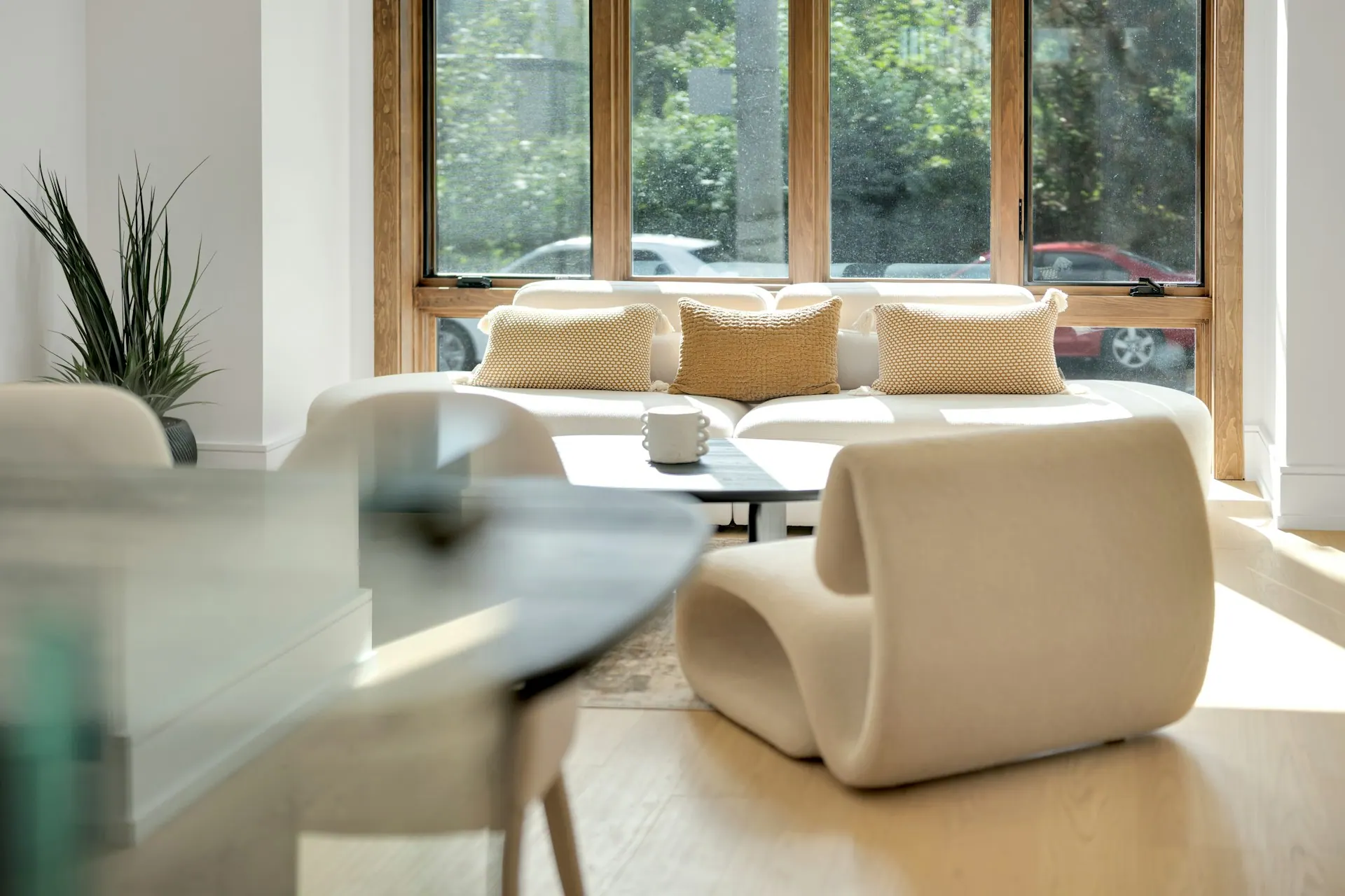 Coordinated apartment living room and dining furniture in a residential interior