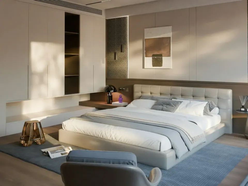 Hotel guestroom furniture package with bed, headboard, tables and seating