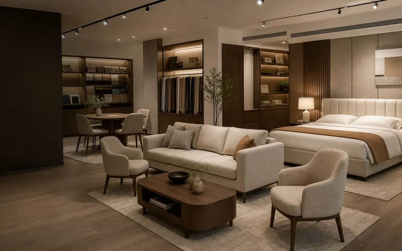 Contract furniture room with bed, sofa, chairs and tables